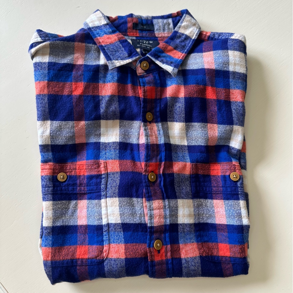 J.Crew Factory Men's Large Slim Fit Plaid Flannel Shirt Blue Red Cotton